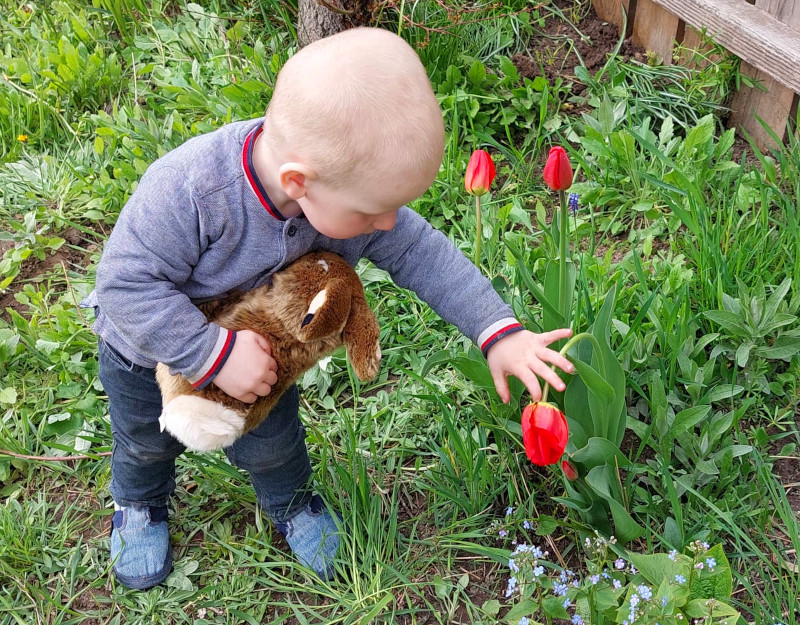 Niño juega en el patio de su casa de Ucrania