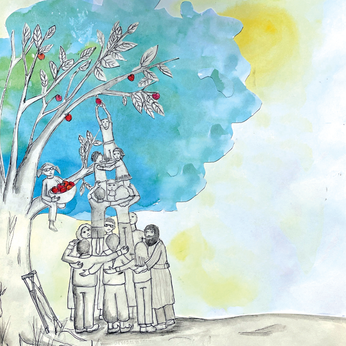 Ilustración de niños y niñas haciendo una torre junto a un árbol